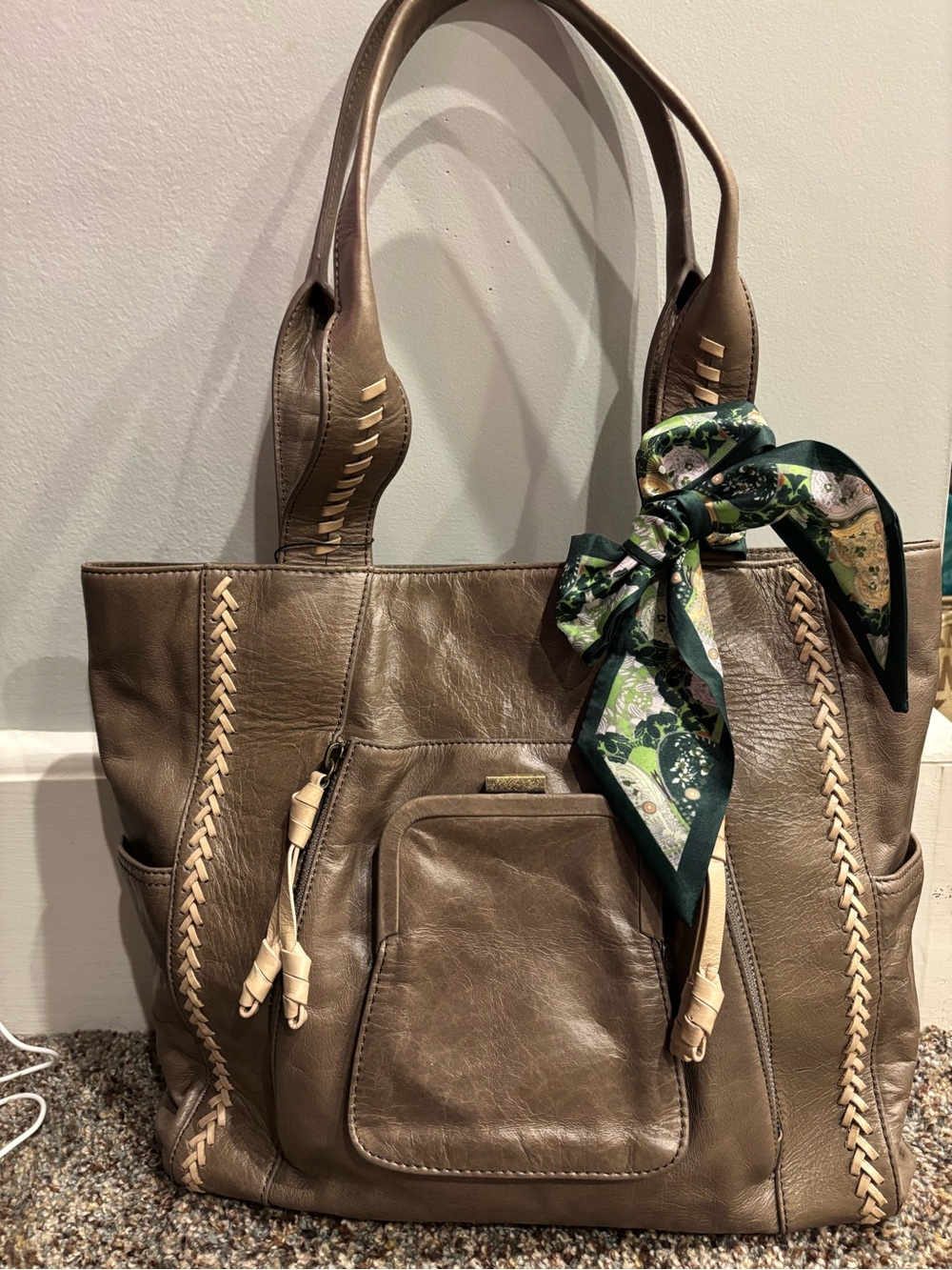 Taupe Leather Tote Bag with Braided Trim